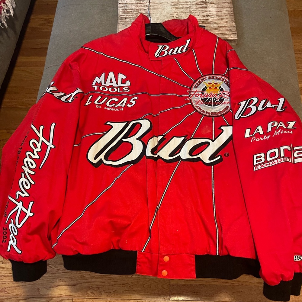 Kenny Bernstein Nhra Budwiser Ss Forever Red Bomber Jacket Stitched ,Adult XL